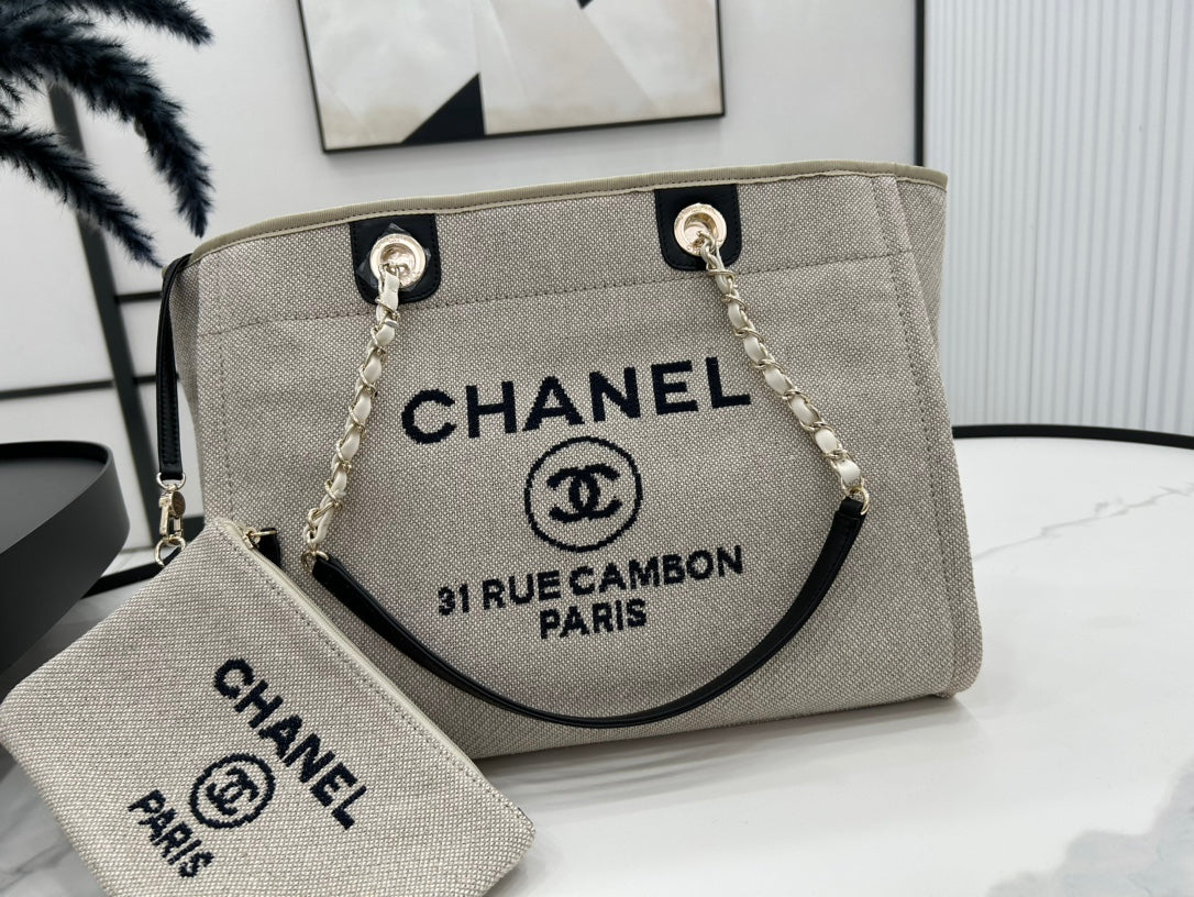CC DEAUVILLE TWEED BAG 33X24X14.5CM BLACK LEATHER GOLD HARDWARE 36