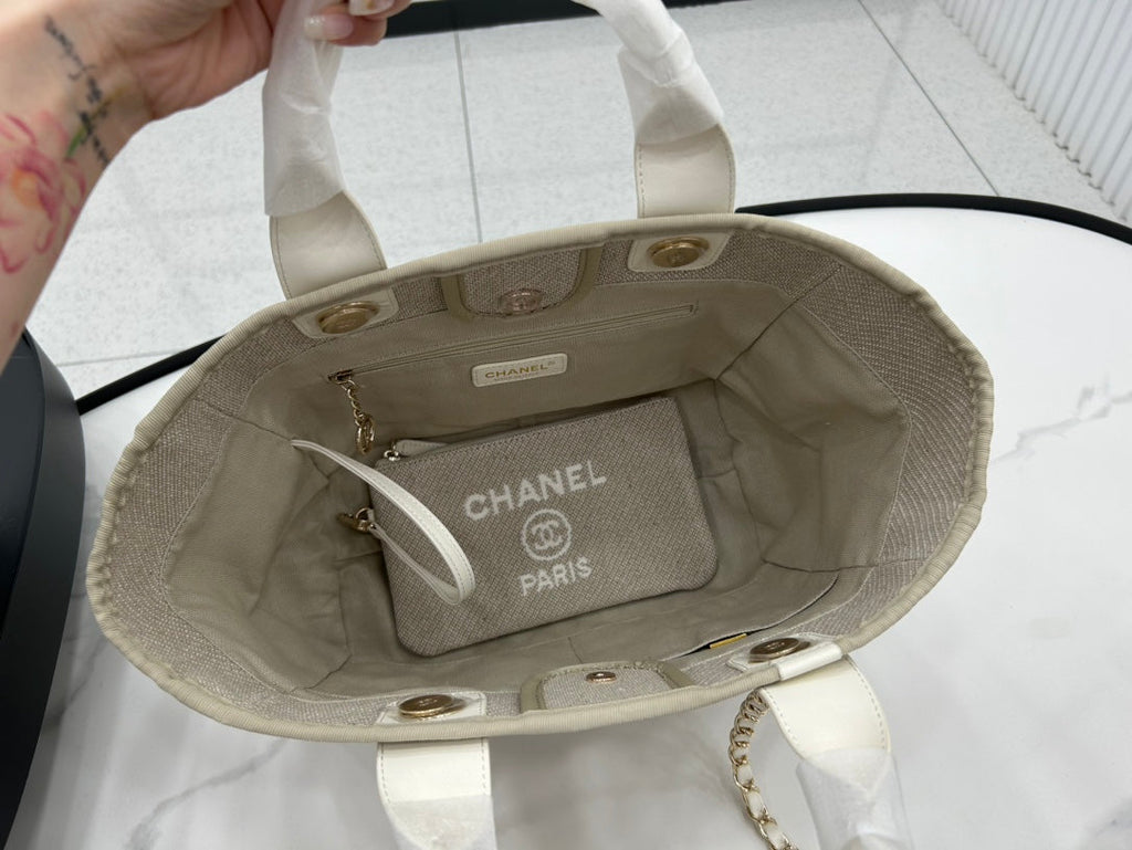 SAC CC DEAUVILLE TWEED 33X26X15,5CM CUIR BLANC QUINCAILLERIE DORÉ 29