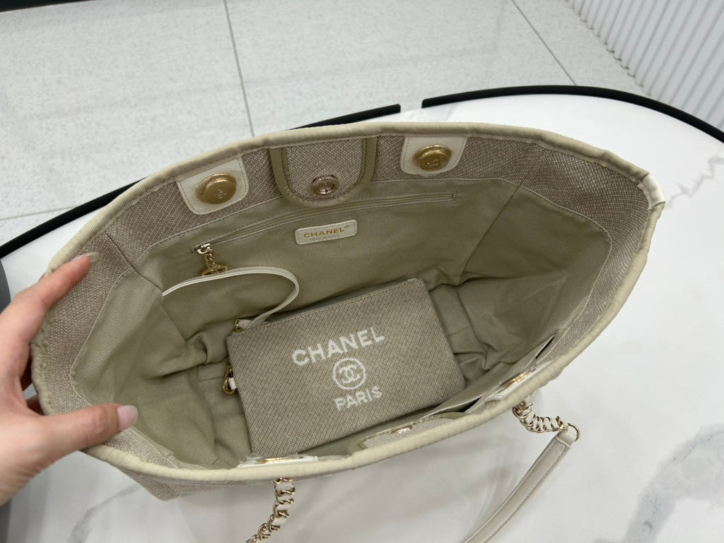 SAC CC DEAUVILLE TWEED 33X24X14.5CM CUIR BLANC QUINCAILLERIE DORÉ 30