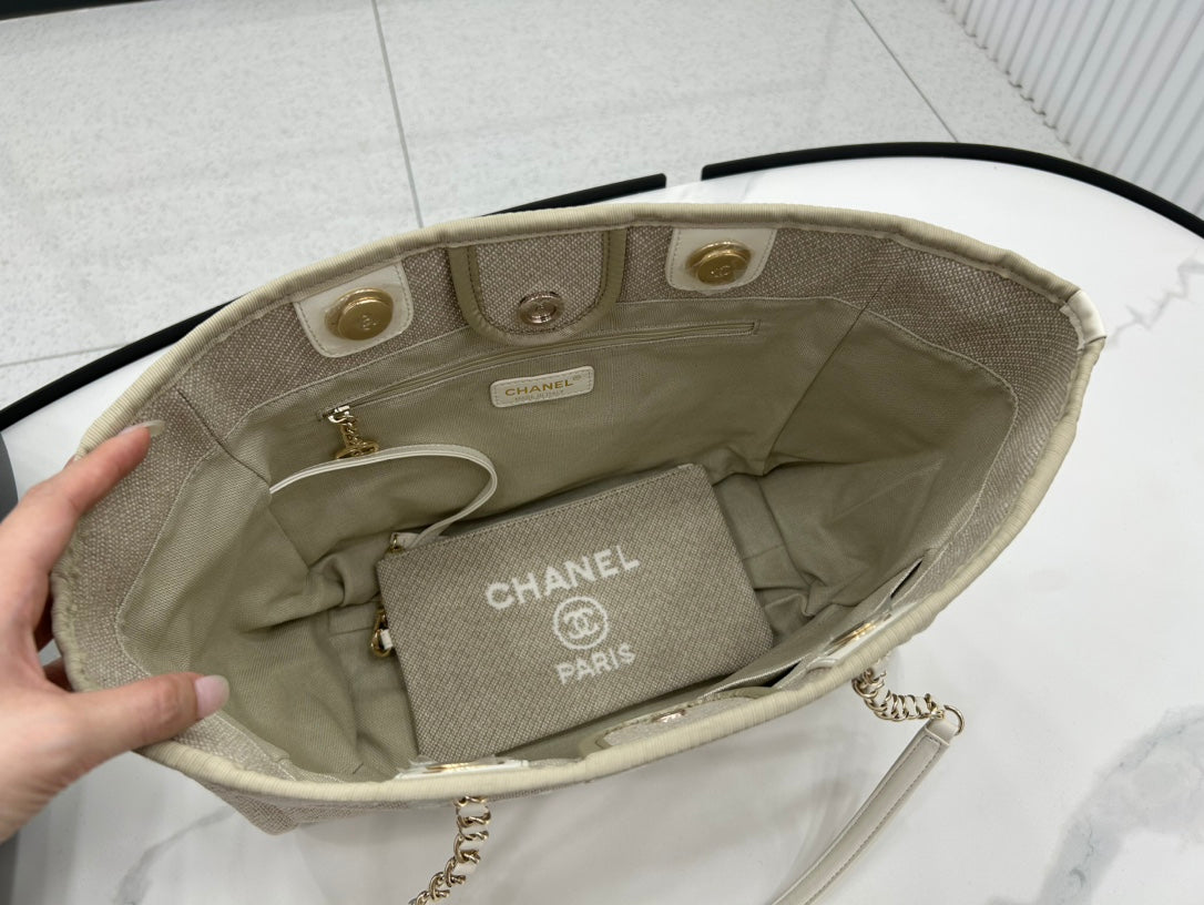 SAC CC DEAUVILLE TWEED 33X24X14.5CM CUIR BLANC QUINCAILLERIE DORÉ 30