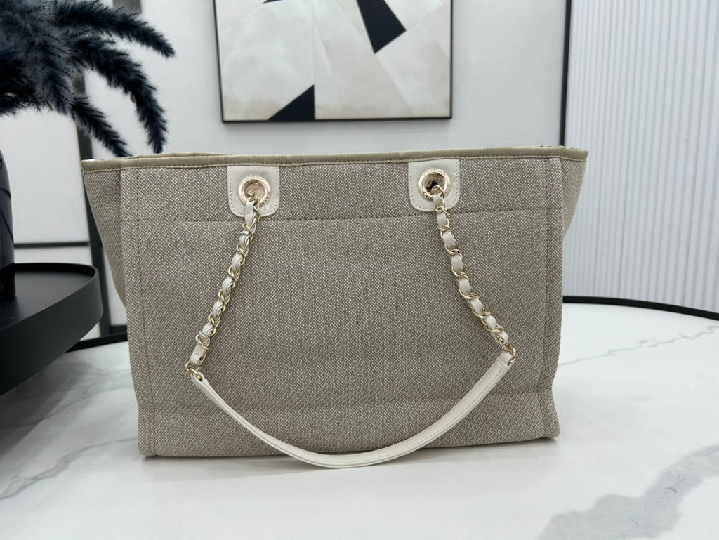 SAC CC DEAUVILLE TWEED 33X24X14.5CM CUIR BLANC QUINCAILLERIE DORÉ 30