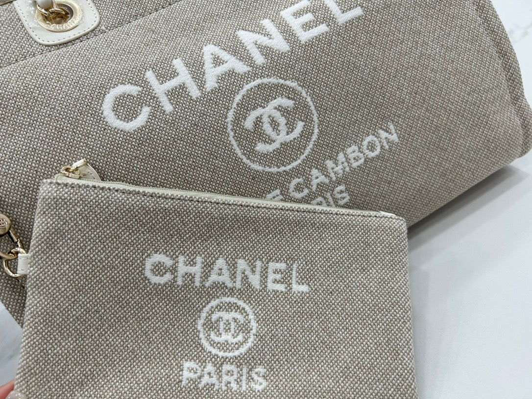 CC DEAUVILLE TWEED BAG 33X24X14.5CM WHITE LEATHER GOLD HARDWARE 30
