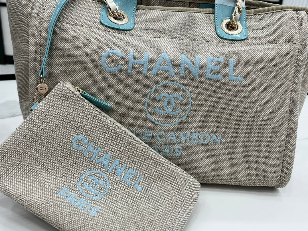 CC DEAUVILLE TWEED BAG 33X26X15.5CM BLUE SKY LEATHER GOLD HARDWARE 32