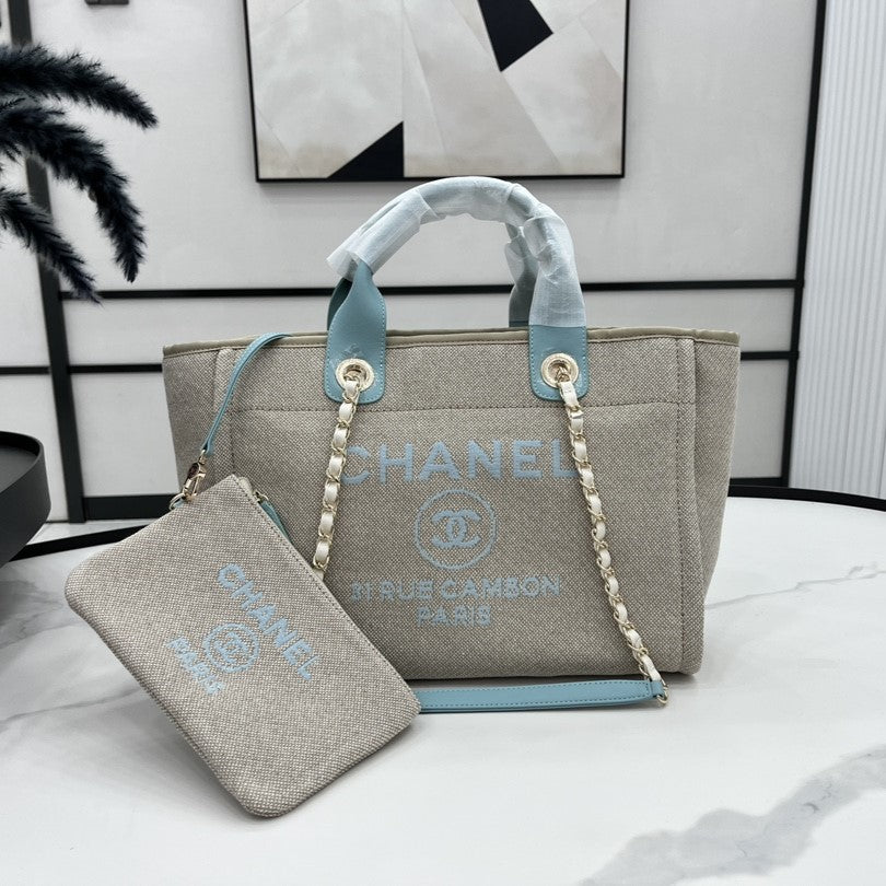 CC DEAUVILLE TWEED BAG 33X26X15.5CM BLUE SKY LEATHER GOLD HARDWARE 32