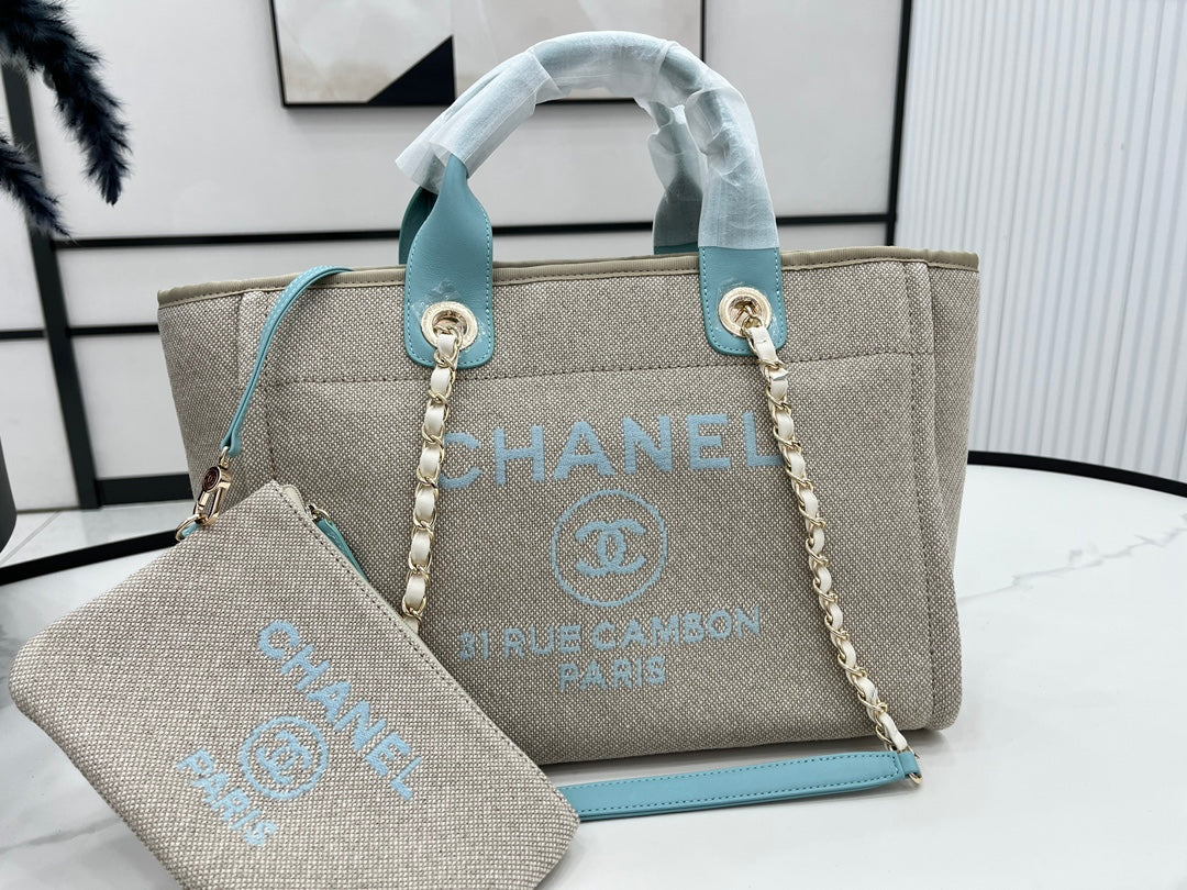 CC DEAUVILLE TWEED BAG 33X26X15.5CM BLUE SKY LEATHER GOLD HARDWARE 32