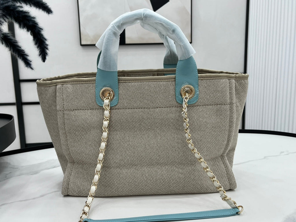 SAC CC DEAUVILLE TWEED 33X26X15.5CM CUIR BLEU CIEL QUINCAILLERIE DORÉ 32