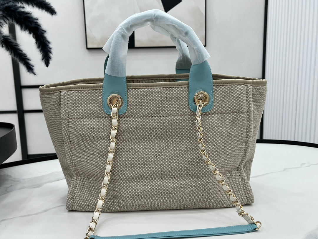 CC DEAUVILLE TWEED BAG 33X26X15.5CM BLUE SKY LEATHER GOLD HARDWARE 32