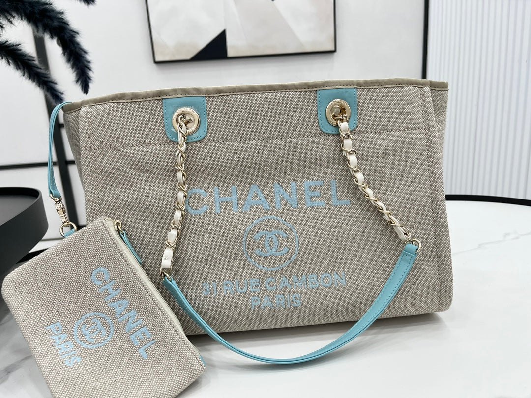CC DEAUVILLE TWEED BAG 33X24X14.5CM BLUE SKY LEATHER GOLD HARDWARE 33