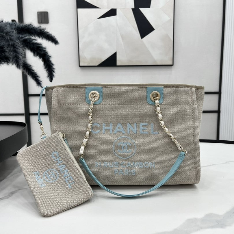 CC DEAUVILLE TWEED BAG 33X24X14.5CM BLUE SKY LEATHER GOLD HARDWARE 33