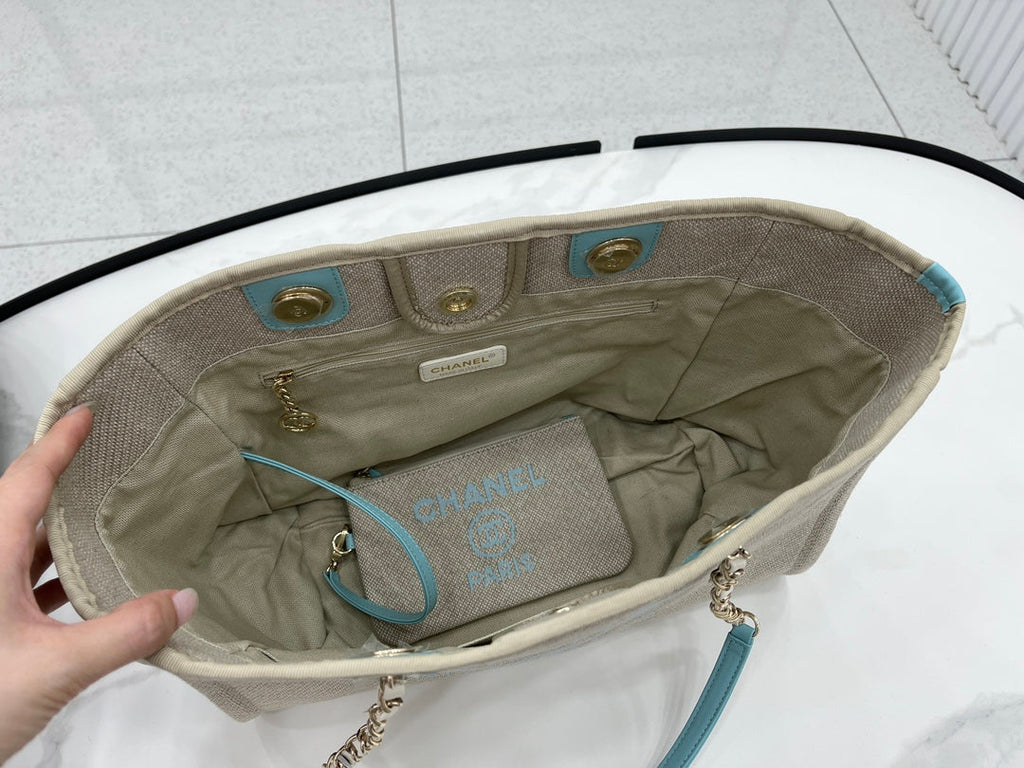 SAC CC DEAUVILLE TWEED 33X24X14.5CM CUIR BLEU CIEL QUINCAILLERIE DORÉ 33