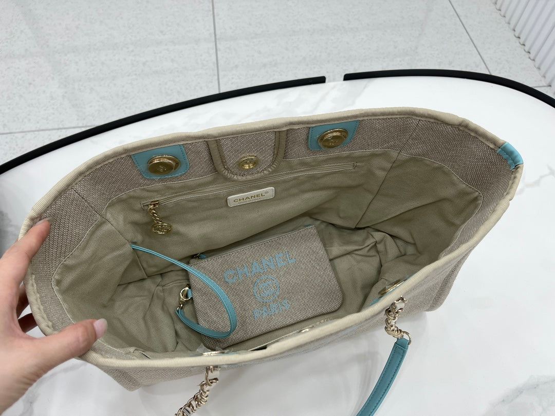 SAC CC DEAUVILLE TWEED 33X24X14.5CM CUIR BLEU CIEL QUINCAILLERIE DORÉ 33