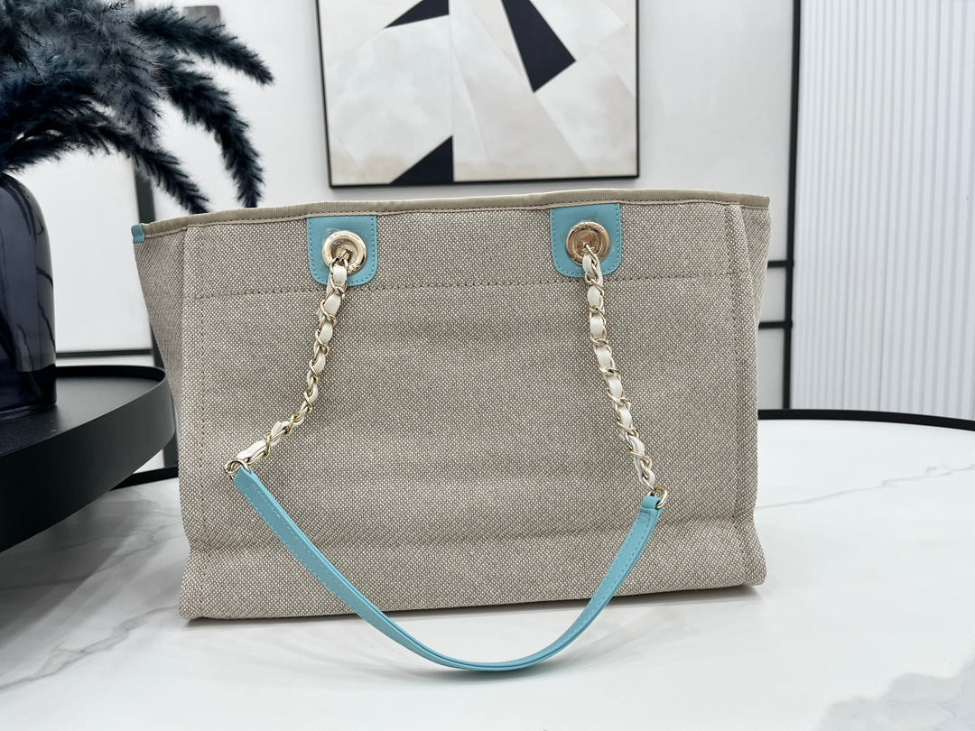 CC DEAUVILLE TWEED BAG 33X24X14.5CM BLUE SKY LEATHER GOLD HARDWARE 33