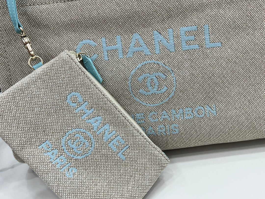 CC DEAUVILLE TWEED BAG 33X24X14.5CM BLUE SKY LEATHER GOLD HARDWARE 33