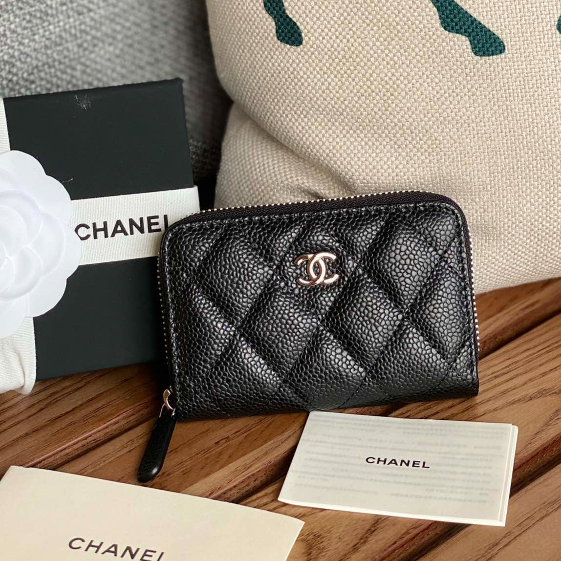 CC ZIPPED WALLET 7.5CM BLACK CAVIAR SILVER HARDWARE