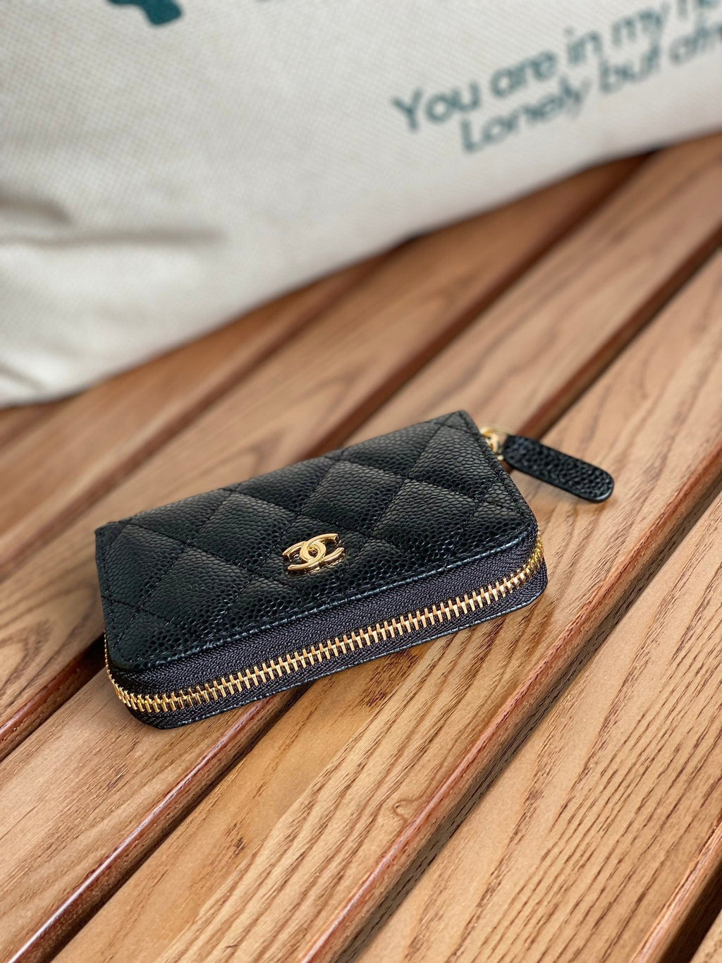 Portefeuille zippé CC 7,5 cm Noir Caviar Quincaillerie dorée
