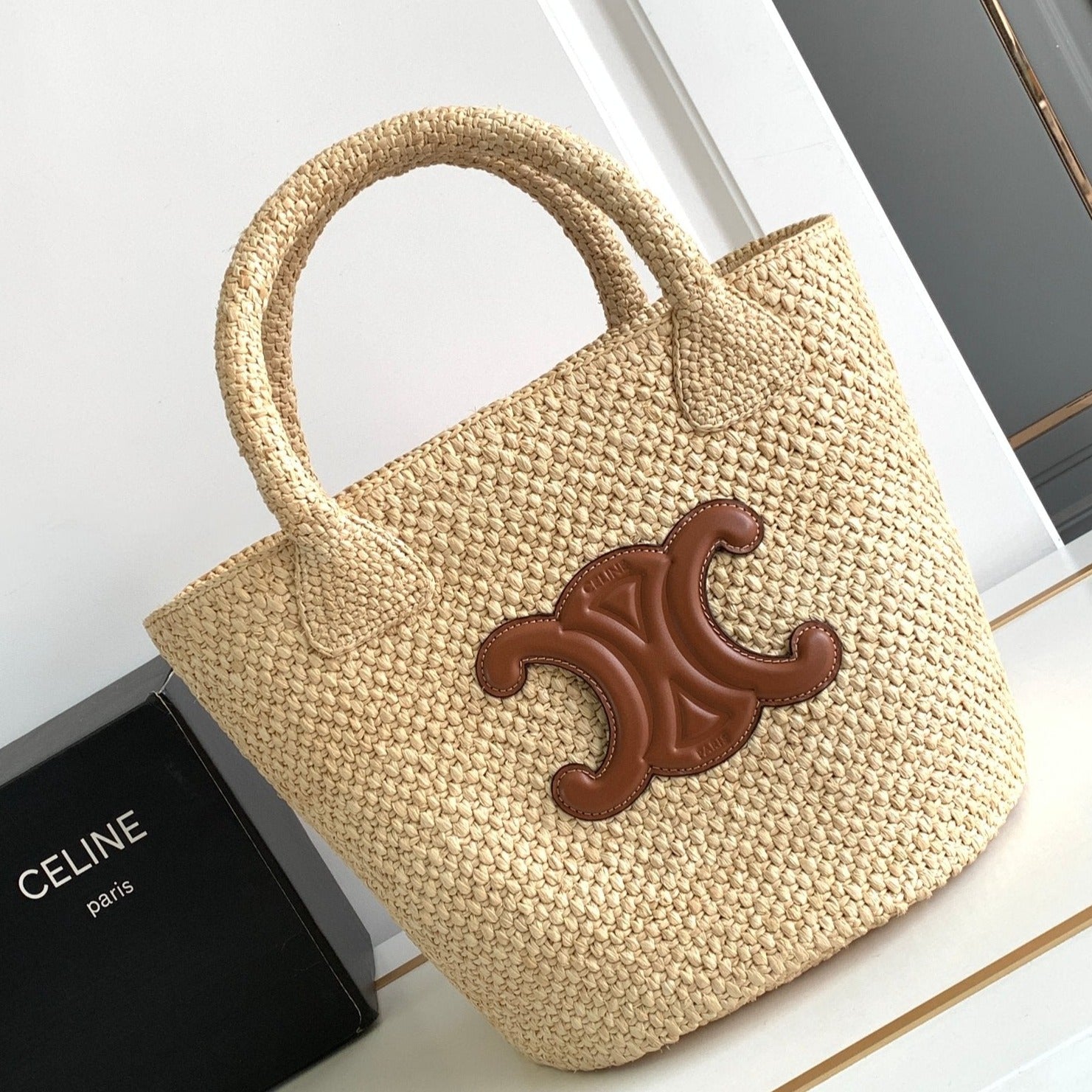 SAC SEAU ADO TRIOMPHE PAILLE 23CM RAPHIA CUIR DE VEAU MARRON