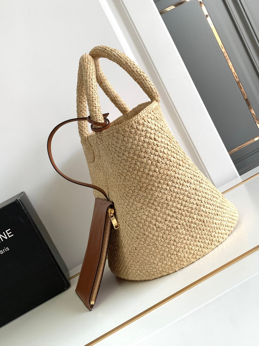 SAC SEAU ADO TRIOMPHE PAILLE 23CM RAPHIA CUIR DE VEAU MARRON
