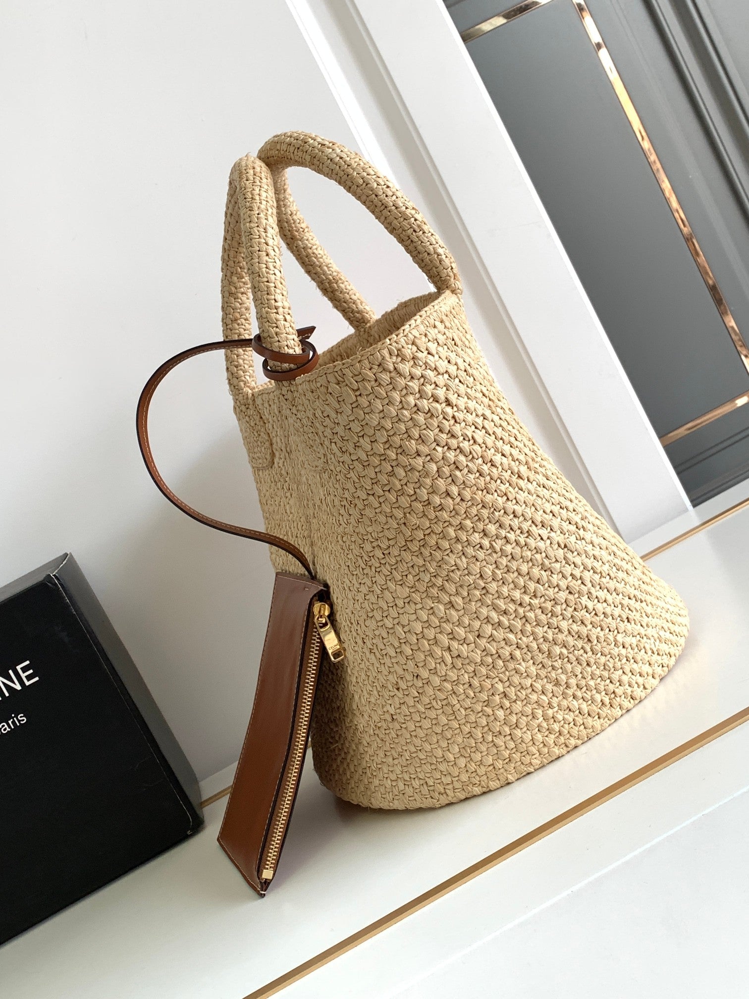 SAC SEAU ADO TRIOMPHE PAILLE 23CM RAPHIA CUIR DE VEAU MARRON