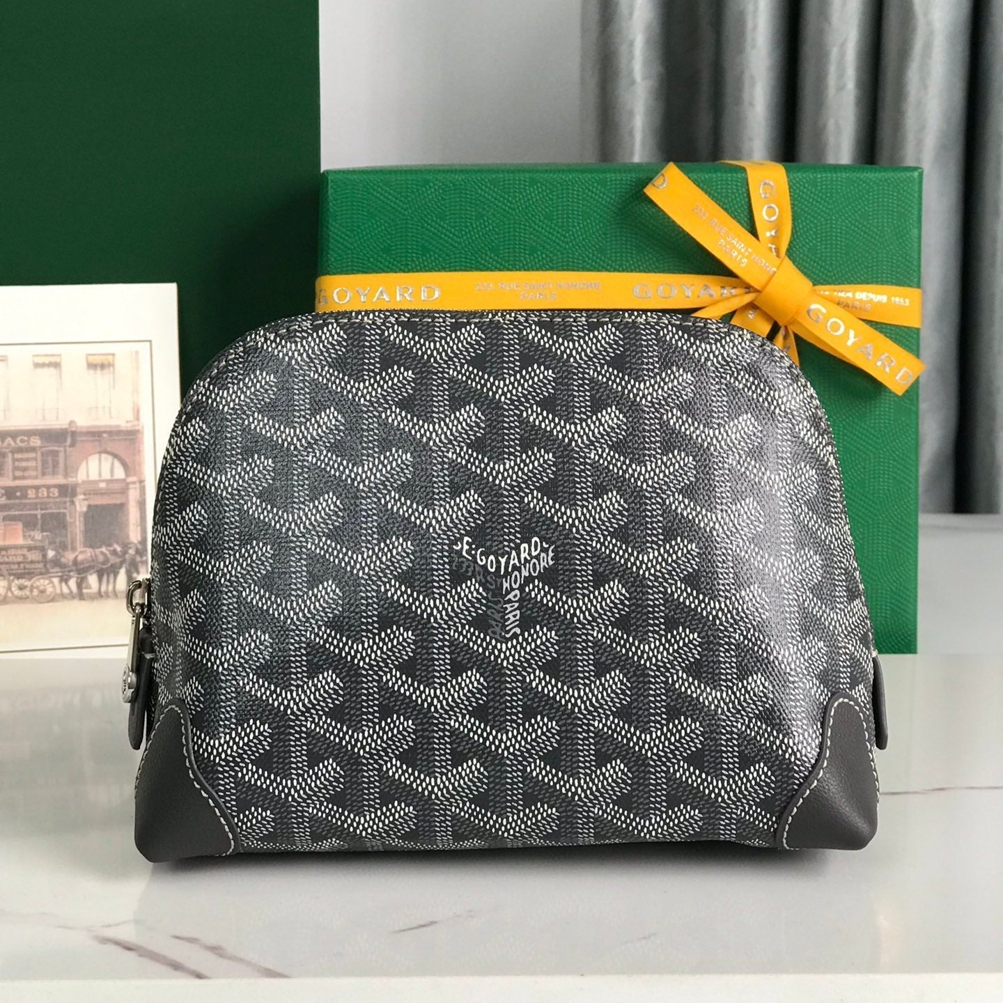 TROUSSE À COSMÉTIQUES VENDÔME 17 EN TOILE GOYARDINE GRIS NOIR ET GARNITURES EN CUIR DE VEAU