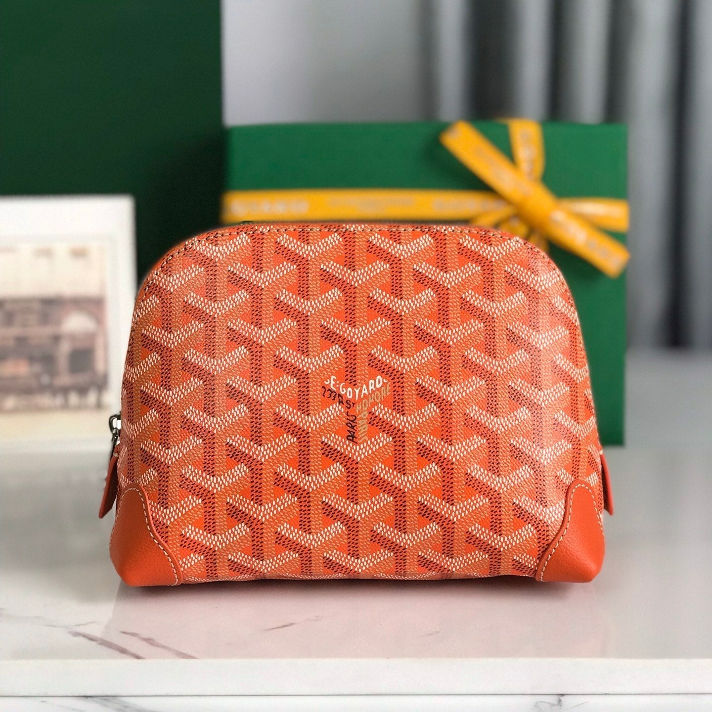TROUSSE À COSMÉTIQUES VENDÔME 17 EN TOILE GOYARDINE ORANGE ET GARNITURES EN CUIR DE VEAU