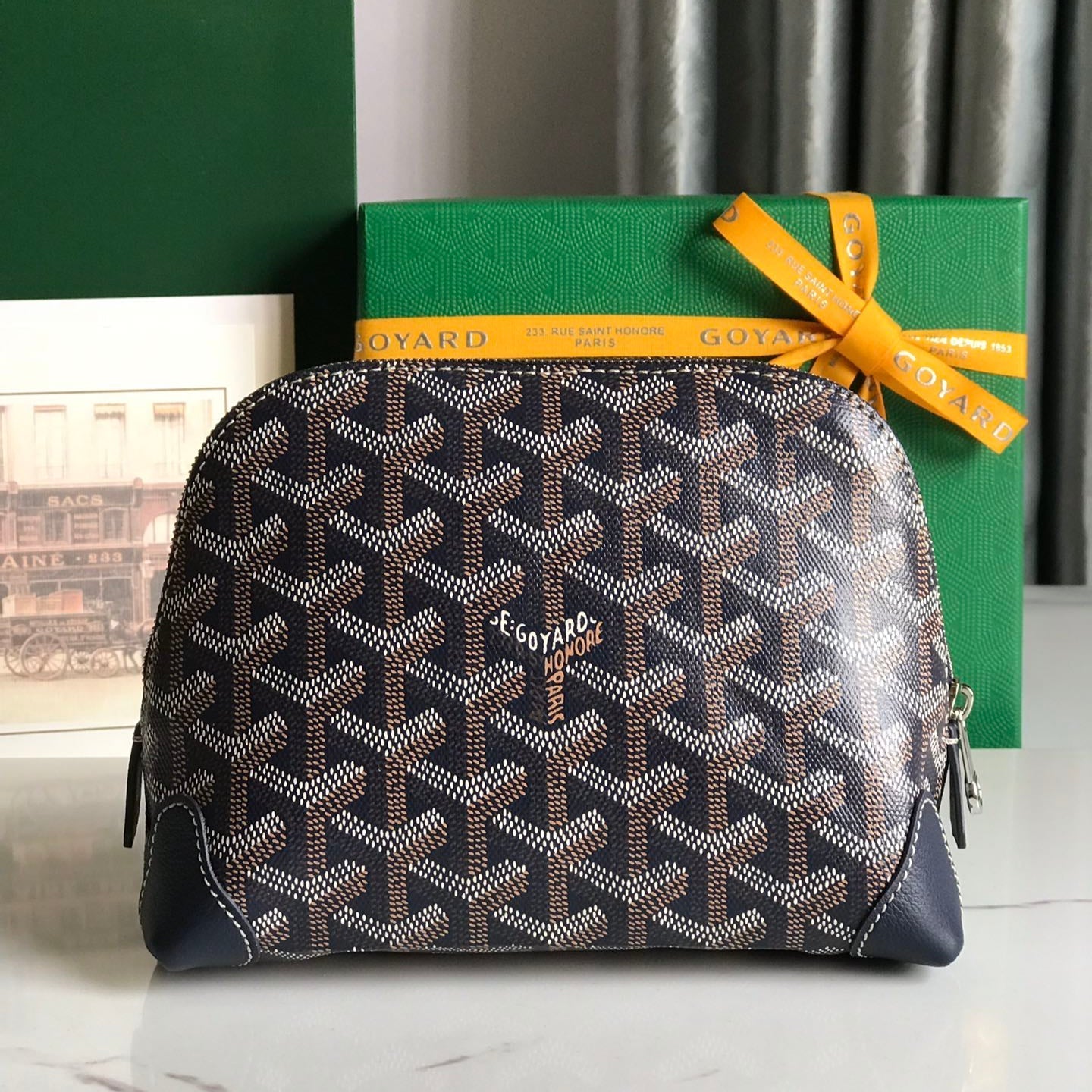 TROUSSE À COSMÉTIQUES VENDÔME 17 EN TOILE GOYARDINE BLEU MARINE ET GARNITURES EN CUIR DE VEAU