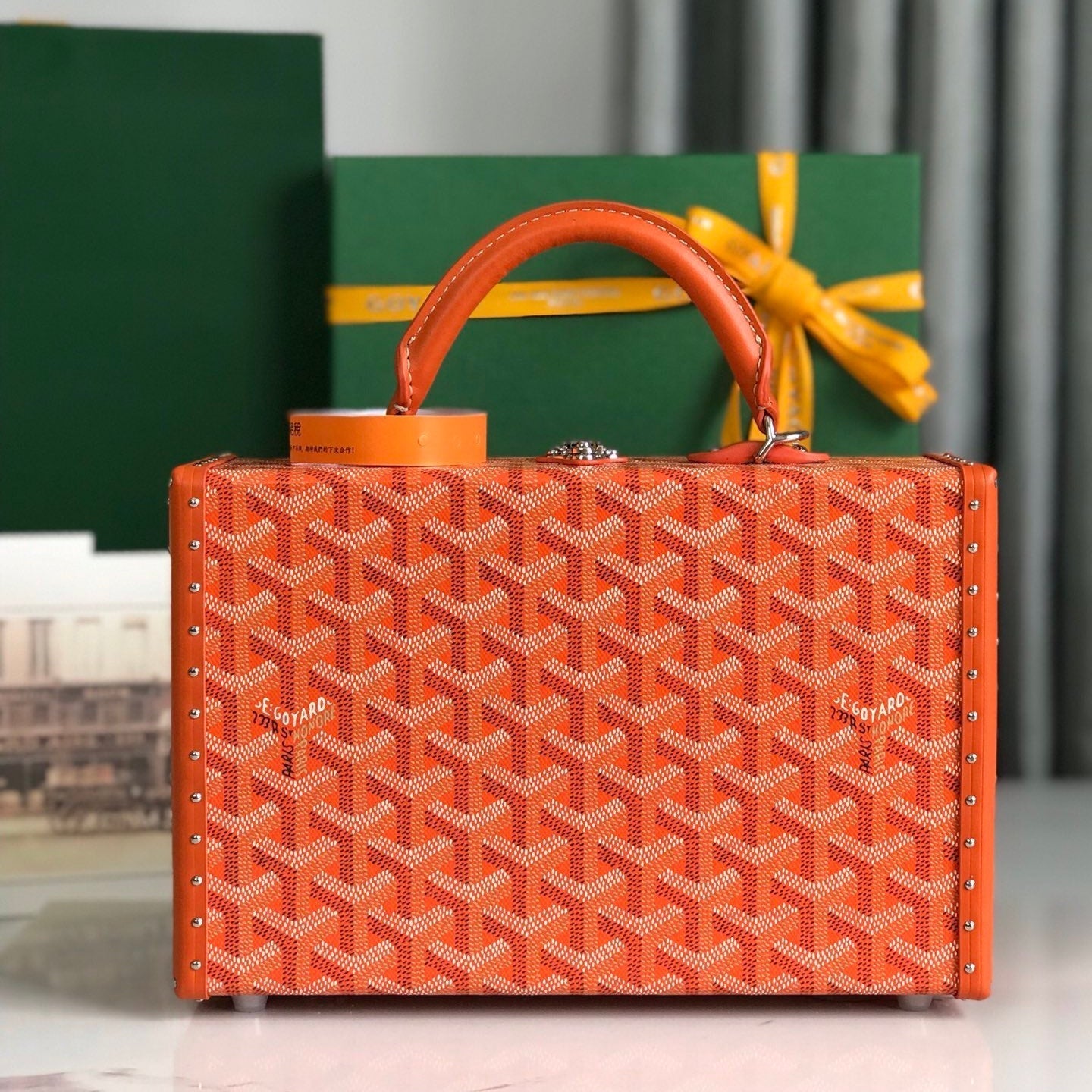 SAC COFFRE GRAND HÔTEL 24 EN TOILE GOYARDINE ORANGE ET CUIR DE VEAU