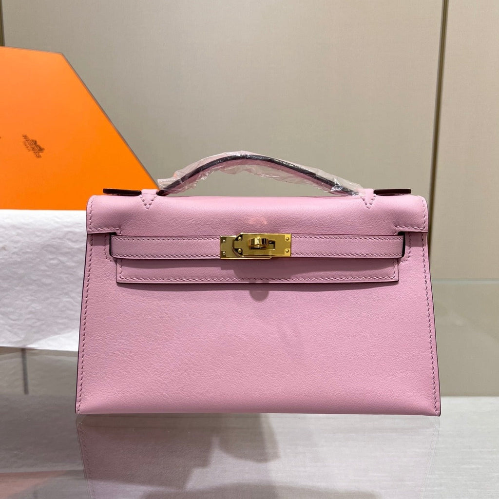POCHETTE HM KELLY 22 CM ROSE SWIFT QUINCAILLERIE DOREE