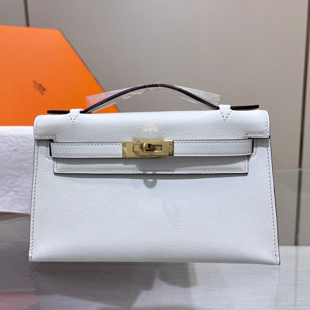 POCHETTE HM KELLY 22 CM BLANC SWIFT QUINCAILLERIE OR