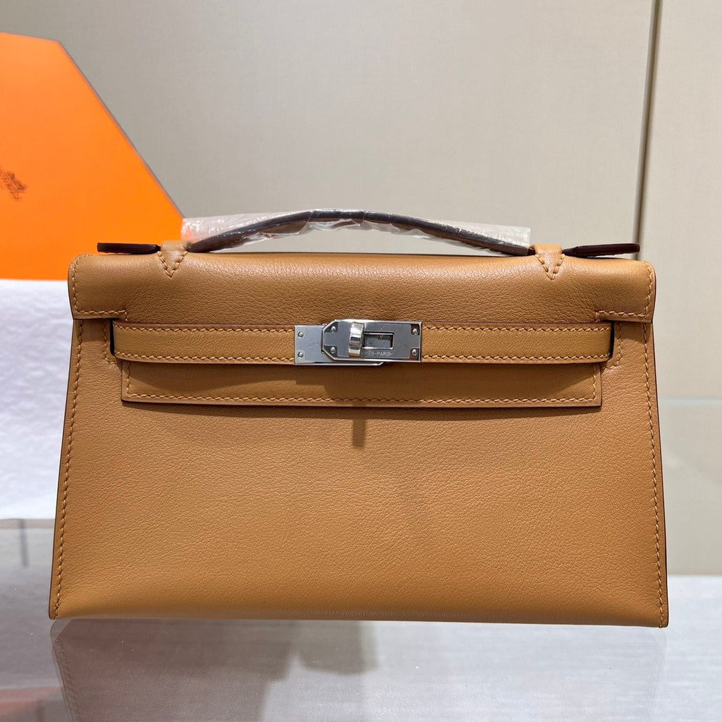 POCHETTE HM KELLY 22 CM MARRON SWIFT QUINCAILLERIE ARGENTÉE