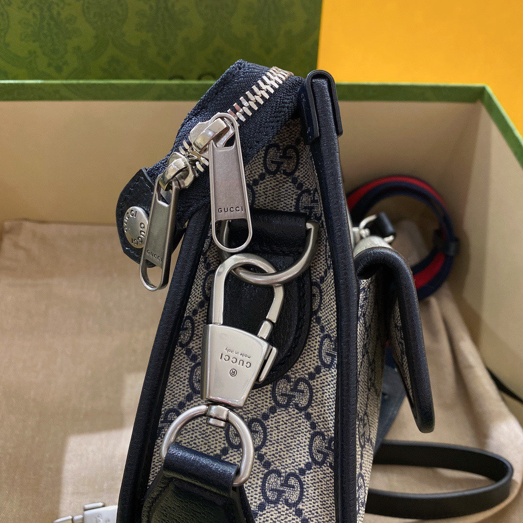 SAC BANDOULIÈRE GG SMALL 21 AVEC ÉTIQUETTE EN TOILE BEIGE ET CUIR DE VEAU NOIR