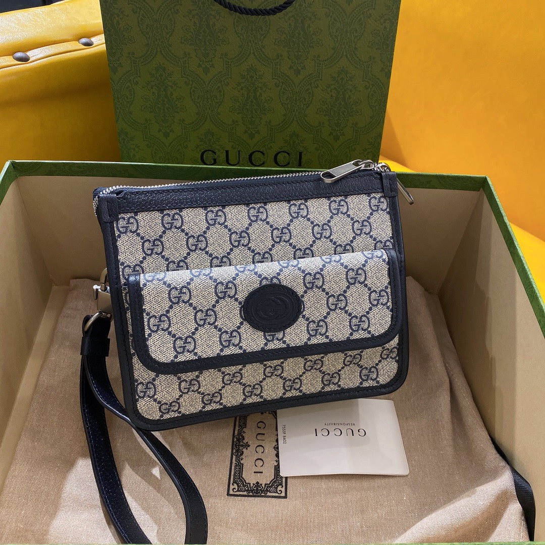 SAC BANDOULIÈRE GG SMALL 21 AVEC ÉTIQUETTE EN TOILE BEIGE ET CUIR DE VEAU NOIR