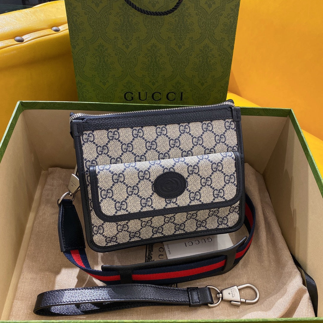 SAC BANDOULIÈRE GG SMALL 21 AVEC ÉTIQUETTE EN TOILE BEIGE ET CUIR DE VEAU NOIR