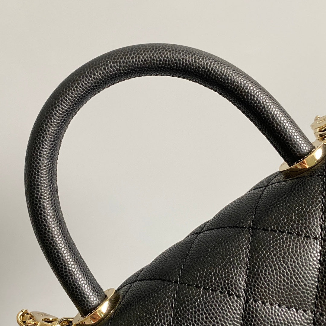 COCO HANDLE FLAP BAG 23CM BLACK QUILTED CAVIAR LIGHT GOLD HARDWARE