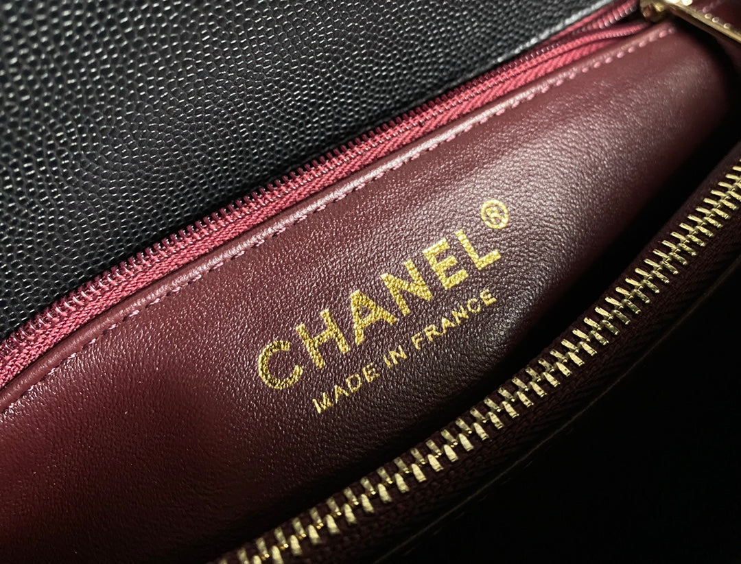 COCO HANDLE MEDIUM FLAP BAG 28CM BLACK QUILTED CAVIAR DARK RED TOP HANDLE