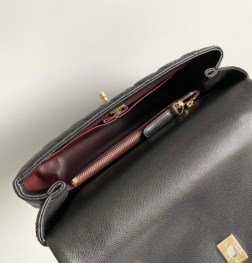 COCO HANDLE MEDIUM FLAP BAG 28CM BLACK QUILTED CAVIAR DARK RED TOP HANDLE
