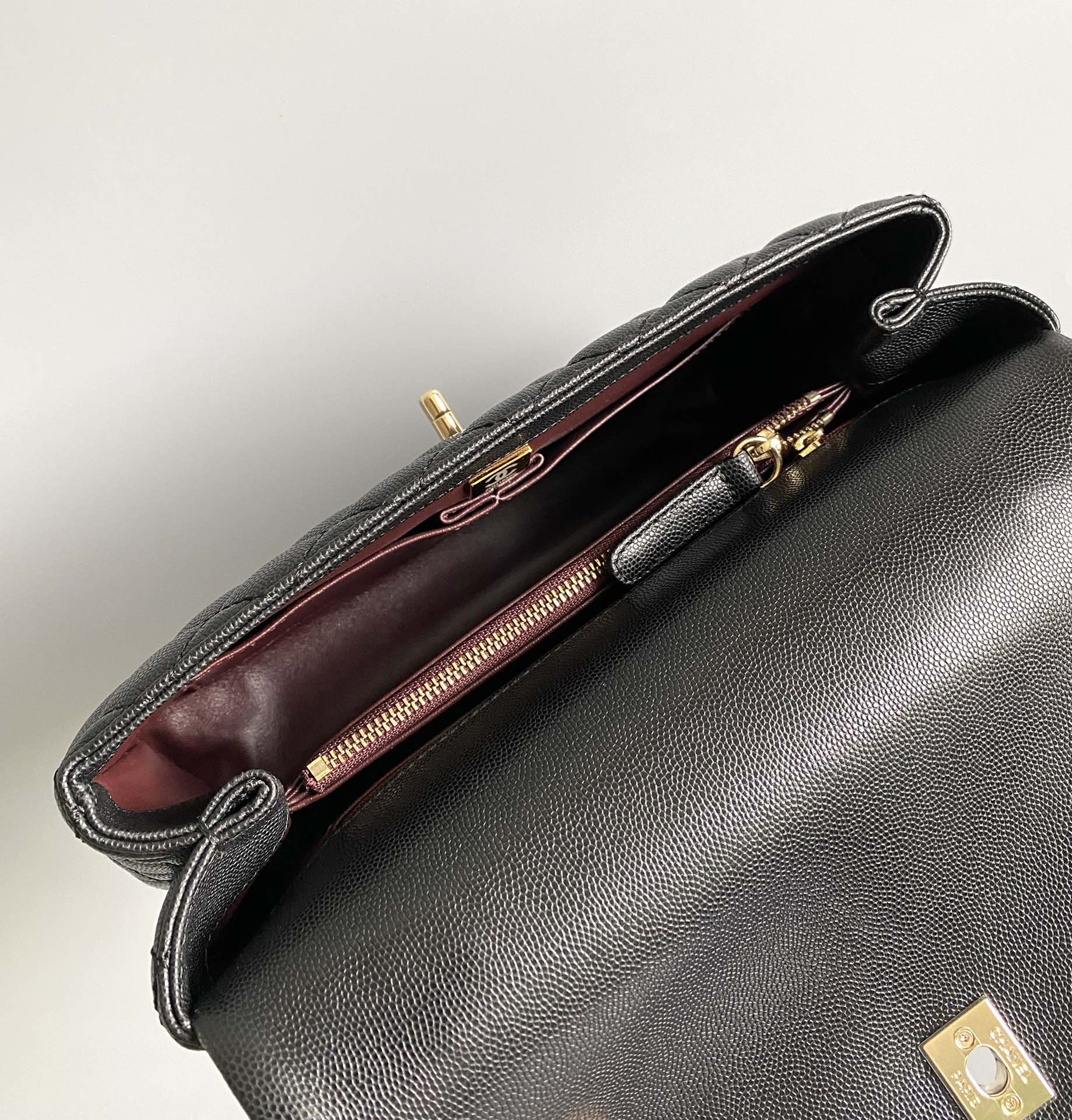 COCO HANDLE MEDIUM FLAP BAG 28CM BLACK QUILTED CAVIAR DARK RED TOP HANDLE