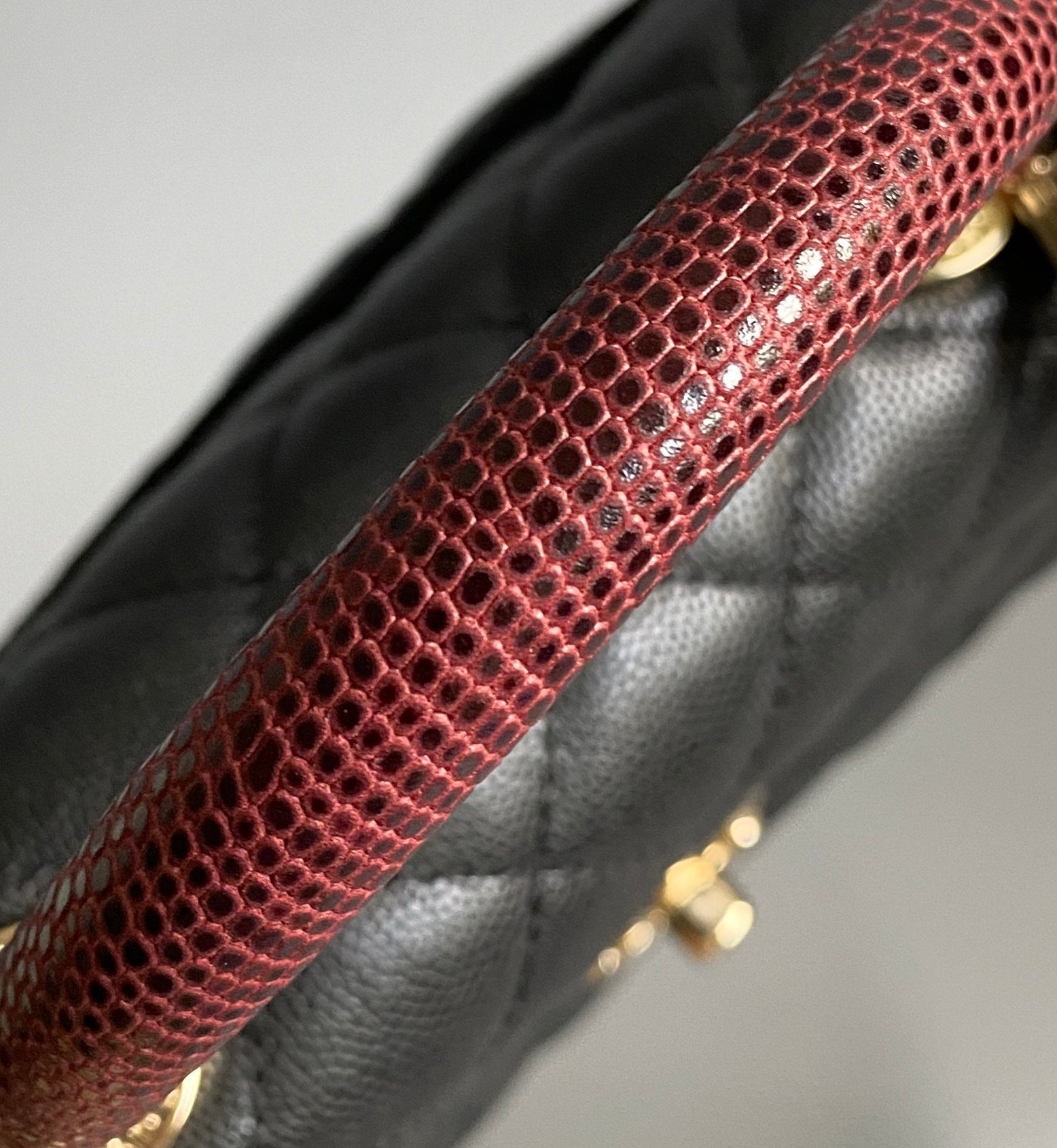 COCO HANDLE FLAP BAG 23CM BLACK QUILTED CAVIAR WITH DARK RED TOP HANDLE