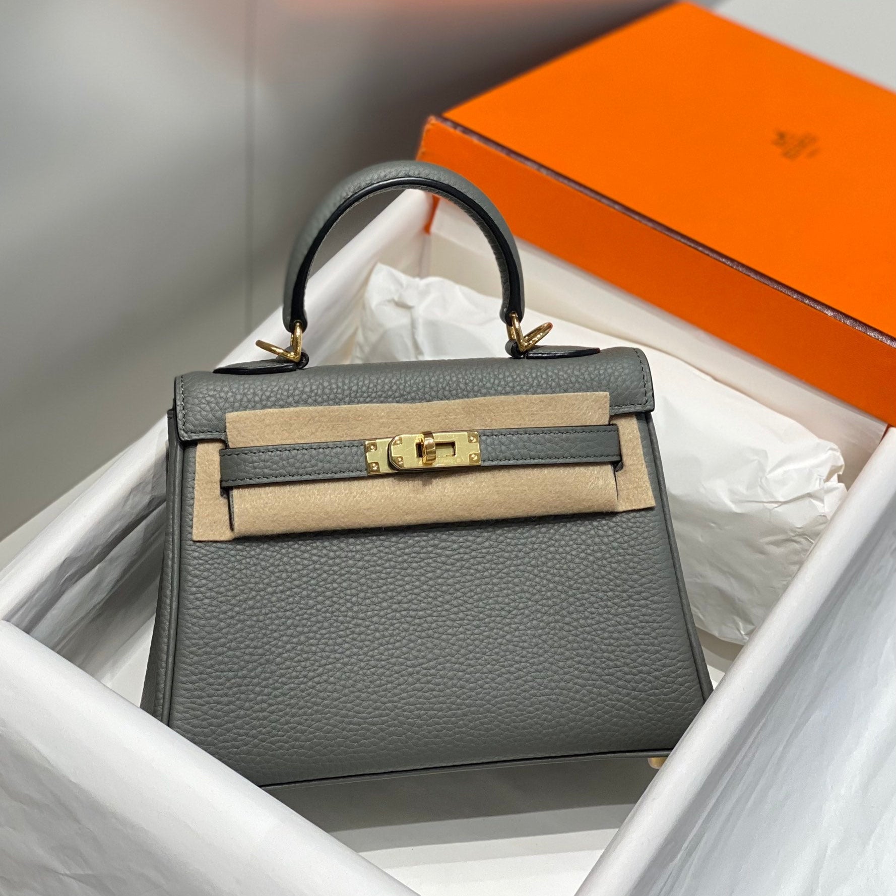 HM MINI KELLY 20CM GRIS MEYER TOGO CUIR QUINCAILLERIE DORÉ