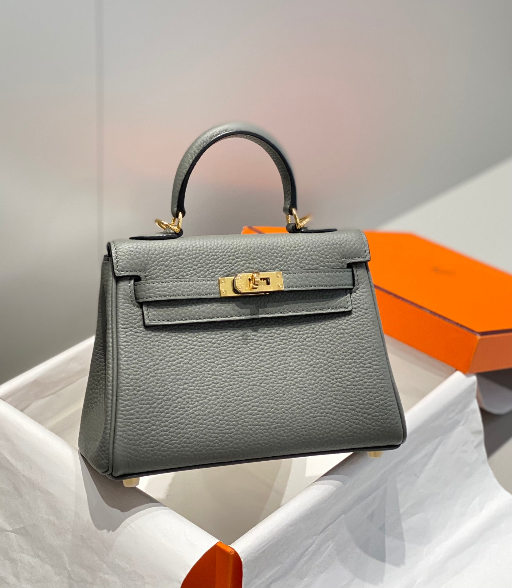 HM MINI KELLY 20CM GRIS MEYER TOGO CUIR QUINCAILLERIE DORÉ