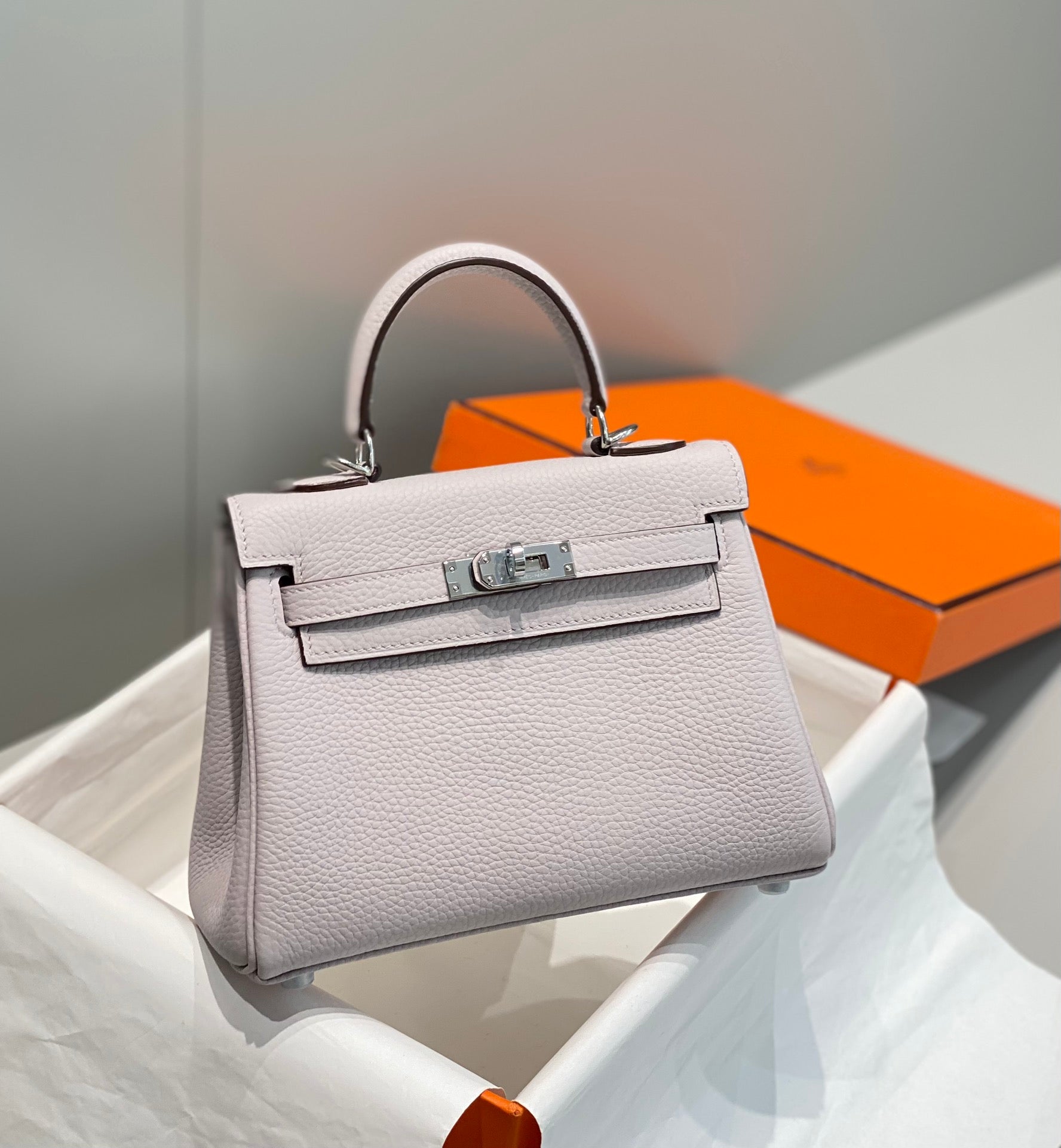 HM MINI KELLY 20CM CUIR TOGO ROSE QUINCAILLERIE ARGENTÉE