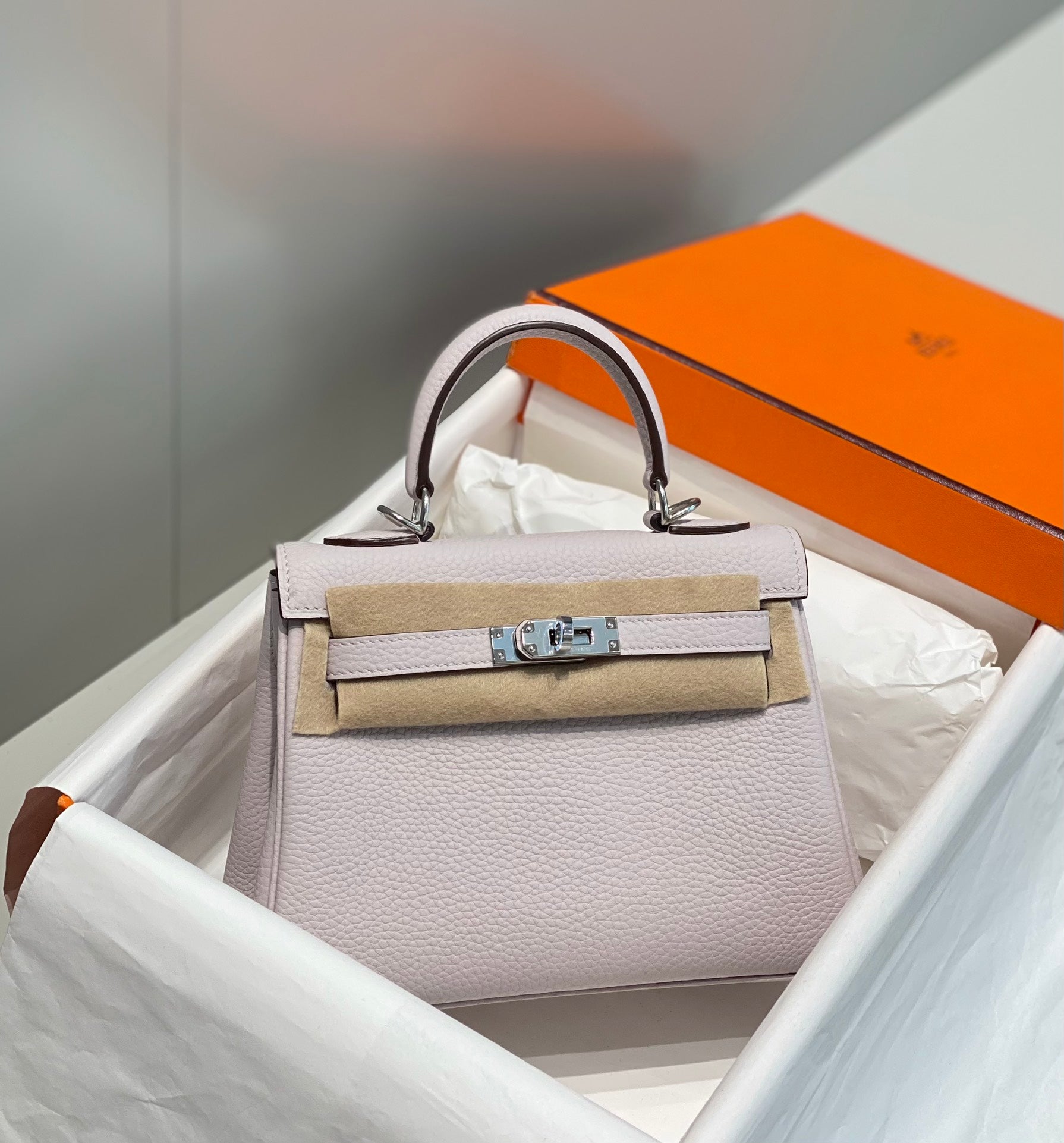 HM MINI KELLY 20CM CUIR TOGO ROSE QUINCAILLERIE ARGENTÉE
