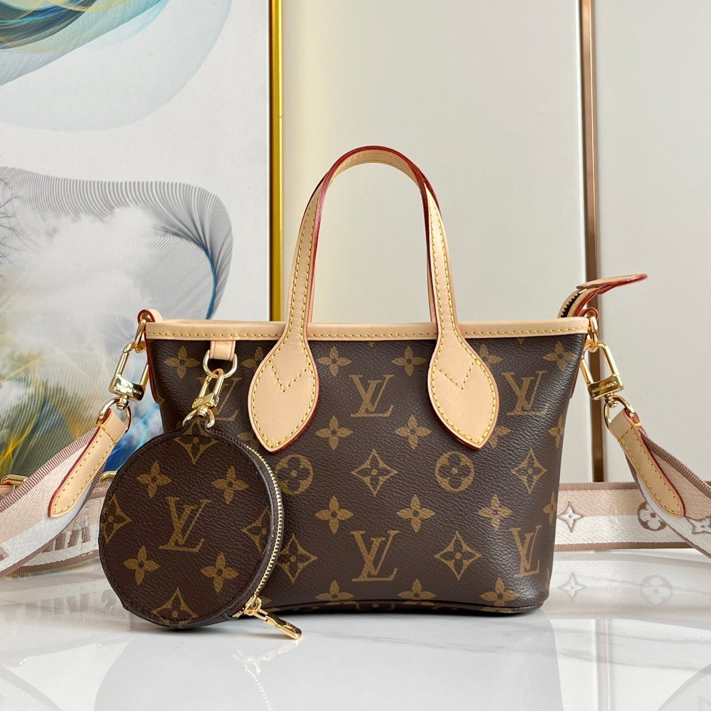NEVERFULL BB 24 MONOGRAMME MARRON TOILE ET GARNITURE EN CUIR QUINCAILLERIE DORÉ