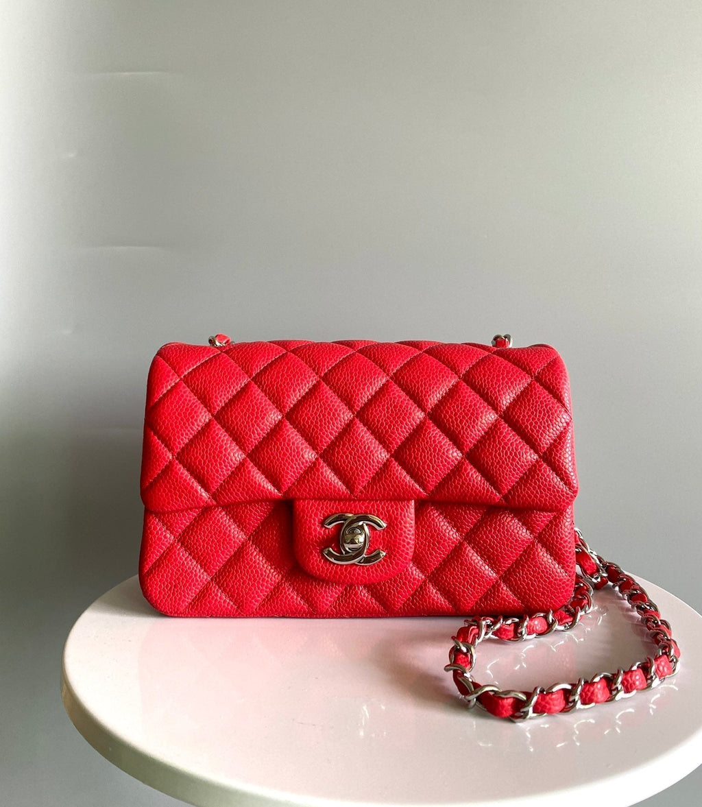 MINI SAC À RABAT RECTANGLE 20 CM ROUGE CAVIAR QUINCAILLERIE ARGENTÉE