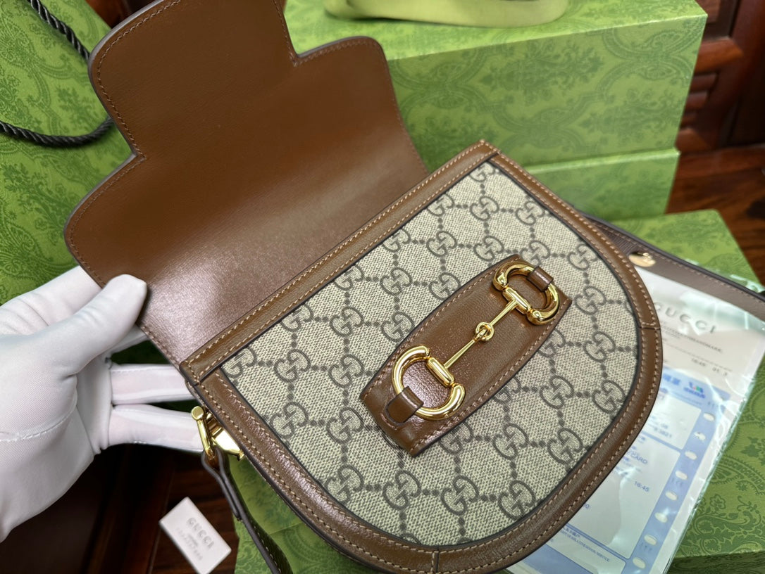 MINI SAC GG 18 HORSEBIT 1955 EN TOILE BEIGE ET CUIR DE VEAU ÉBÈNE