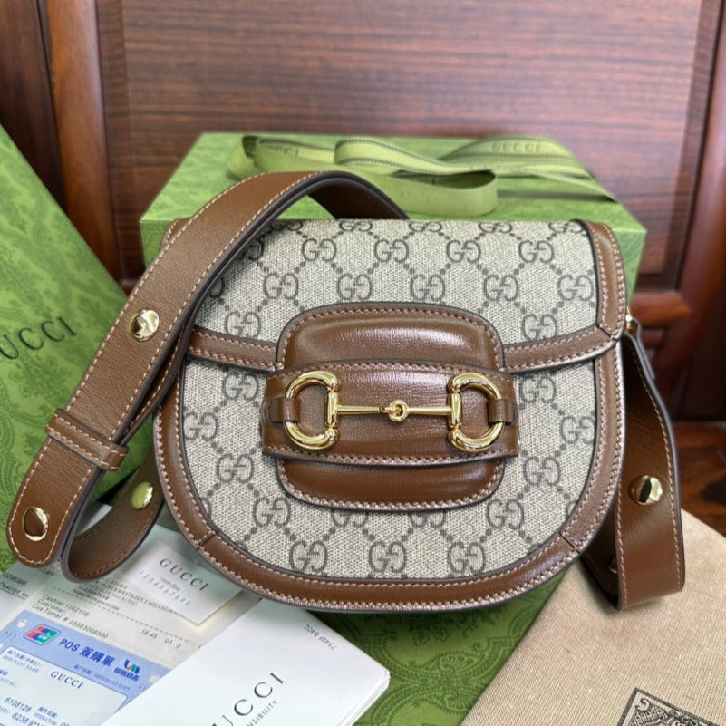 MINI SAC GG 18 HORSEBIT 1955 EN TOILE BEIGE ET CUIR DE VEAU ÉBÈNE