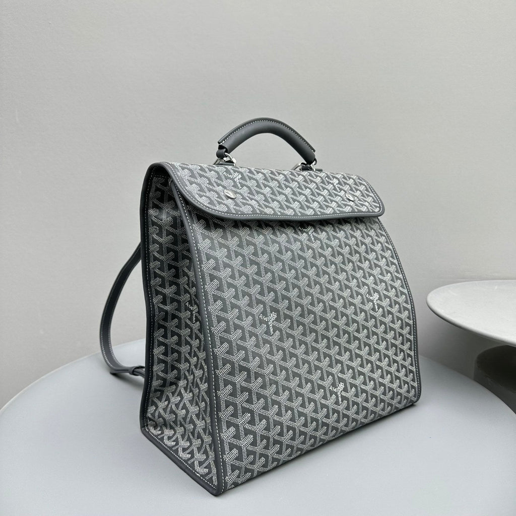 SAC À DOS LEGER 37 EN TOILE GOYARDINE GRISE AVEC BORDURE EN CUIR DE VEAU