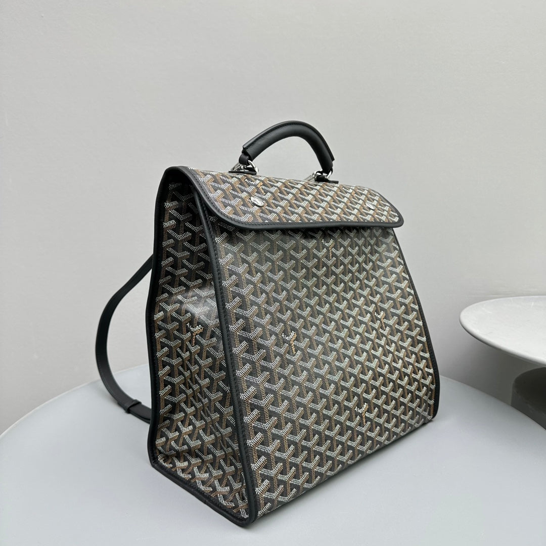 SAC À DOS LEGER 37 EN TOILE GOYARDINE NOIRE AVEC BORDURES EN CUIR DE VEAU