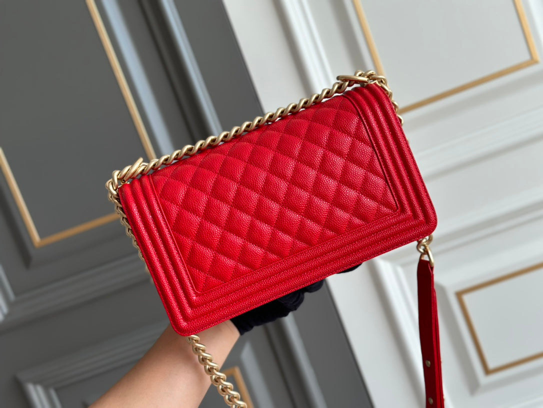 BOY MEDIUM 25 RED QUILTED CAVIAR AGED GHW