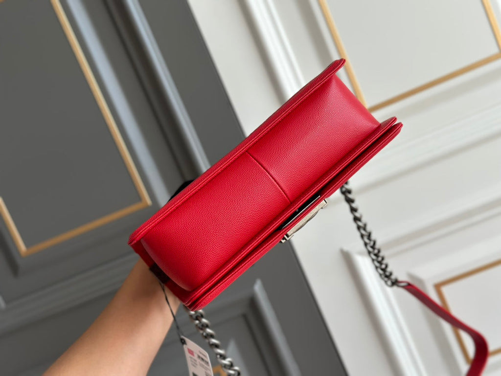 BOY 25 RED QUILTED CAVIAR RUTHENIUM HARDWARE