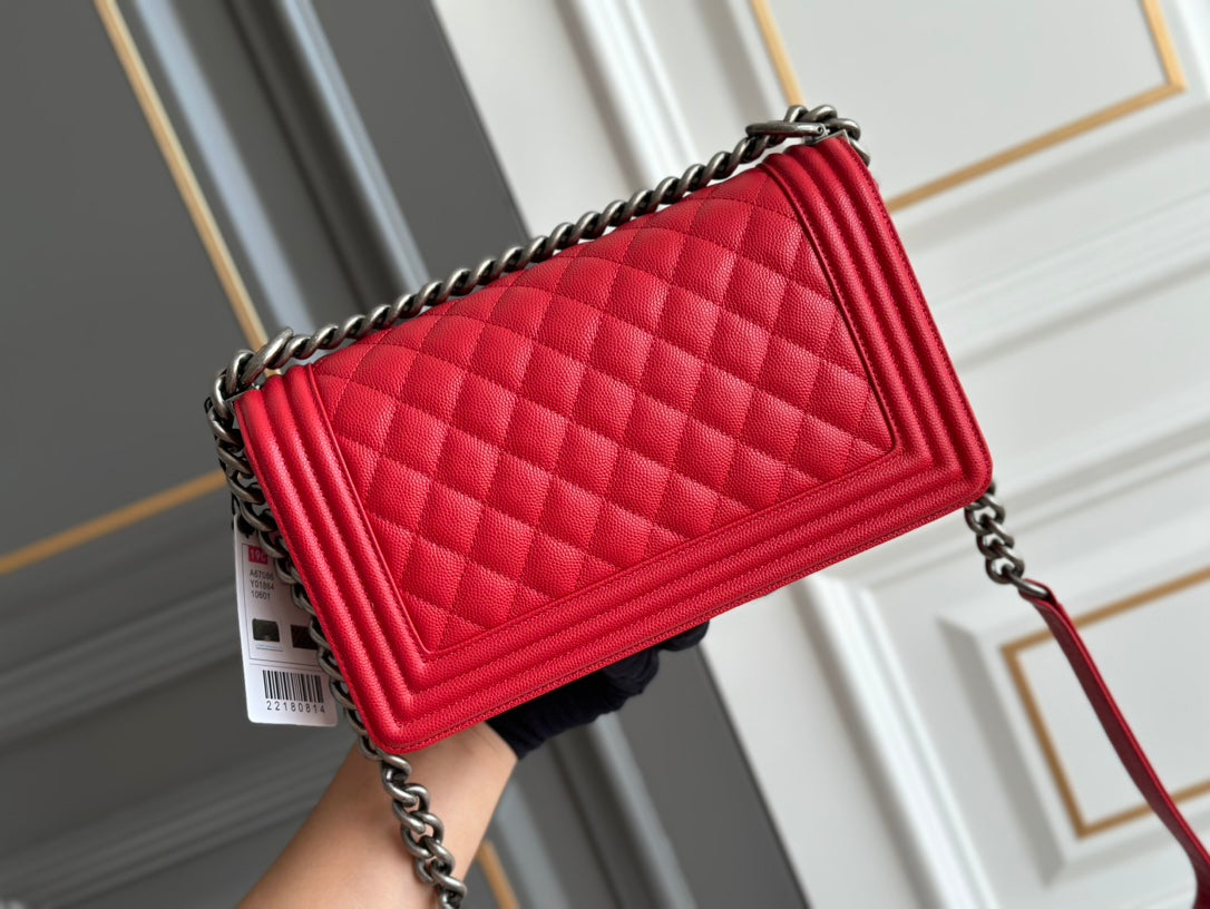 BOY 25 RED QUILTED CAVIAR RUTHENIUM HARDWARE